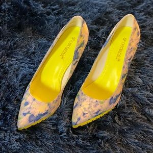 - Blue and neon yellow mosaic pointy high heels